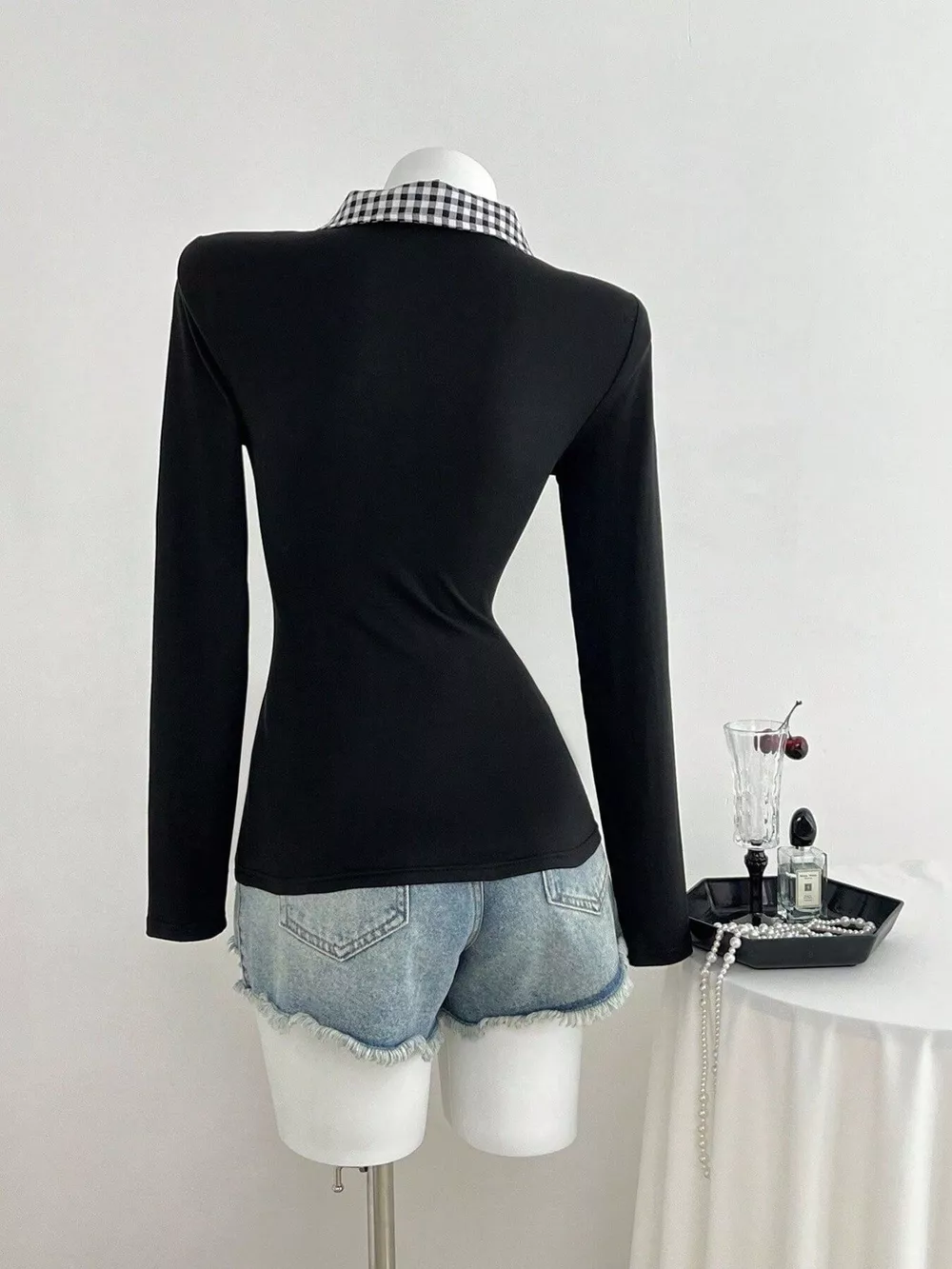 Gingham Collar Long Sleeve T-Shirt, image 4