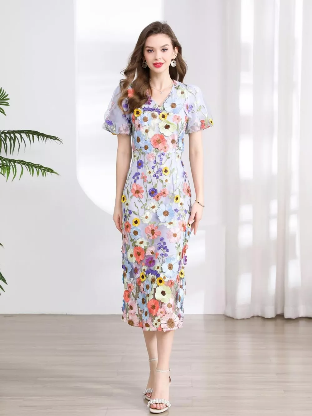 Floral Embroidered Puff Sleeve Midi Dress, image 15