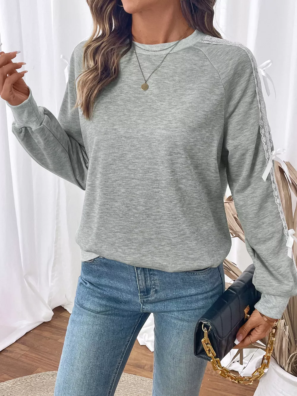 Lace Detail Round Neck Sweatshirt, image 6
