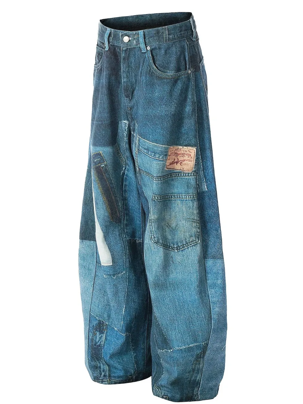Men's Washed Patchwork Wide Leg Curved Jeans, image 2