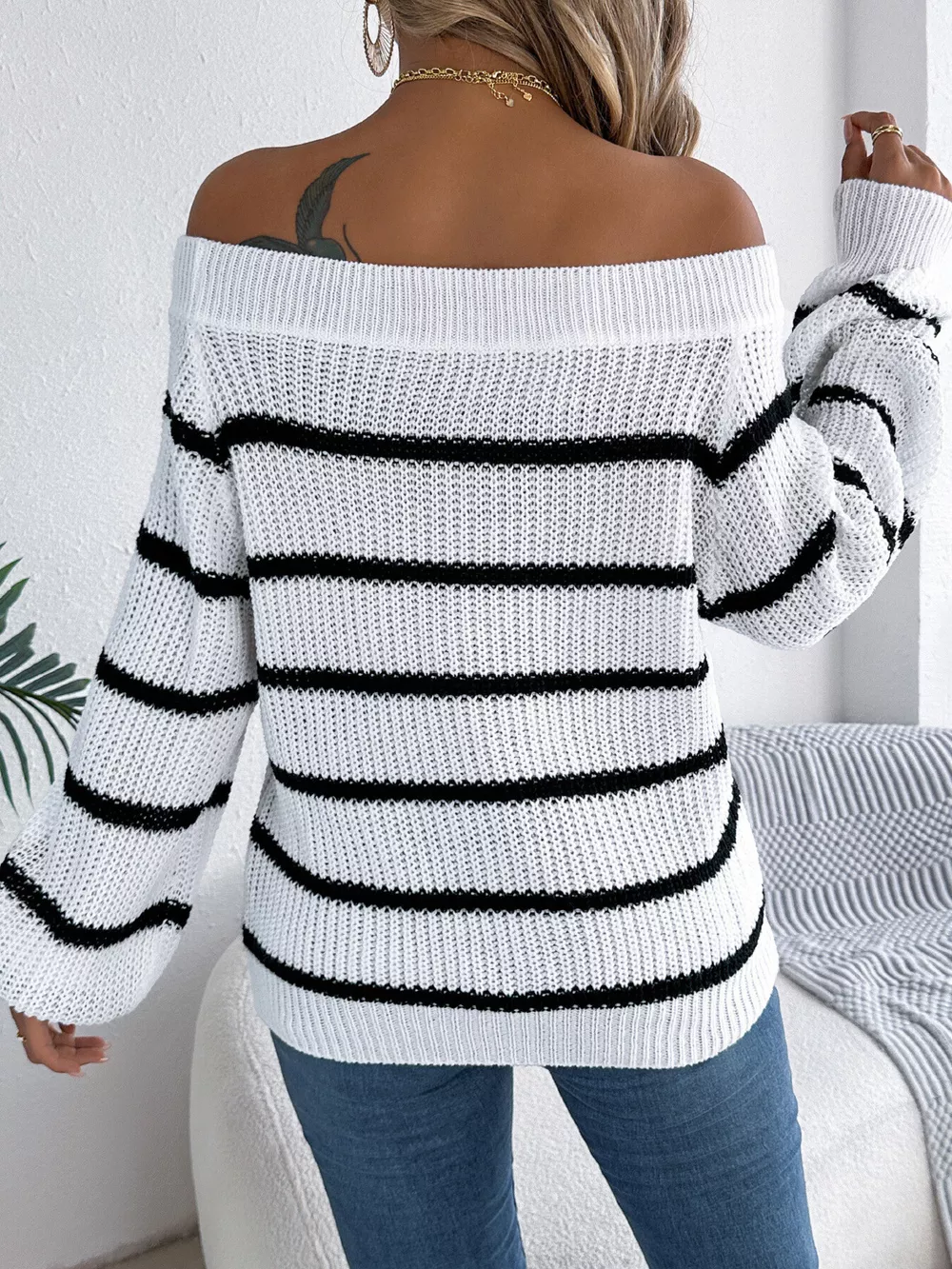 Off-Shoulder Striped Contrast Sweater, image 13