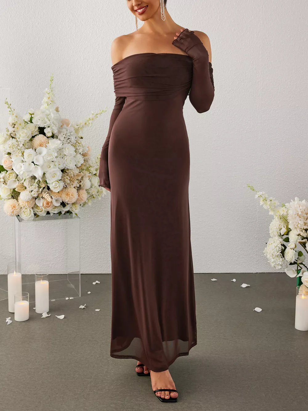 Off-Shoulder Ruched Long Sleeve Maxi Dress, image 20