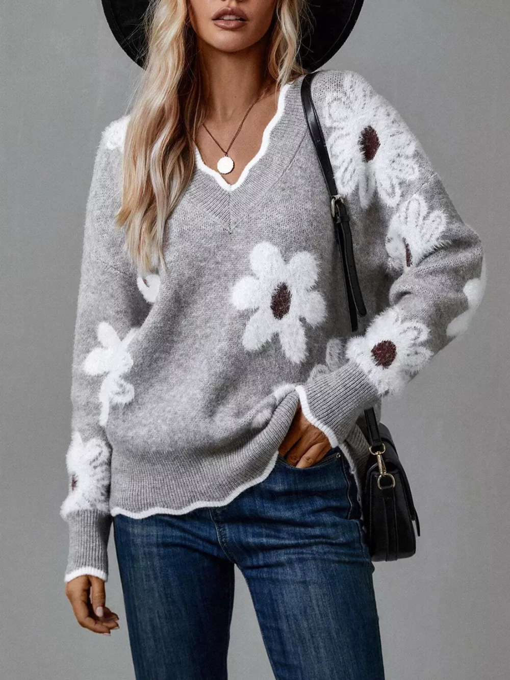 Floral V-Neck Long Sleeve Sweater, image 2