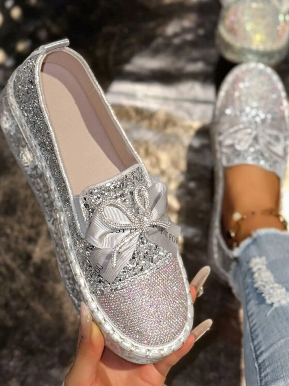 Rhinestone Bow Round Toe Slip-Ons, image 6