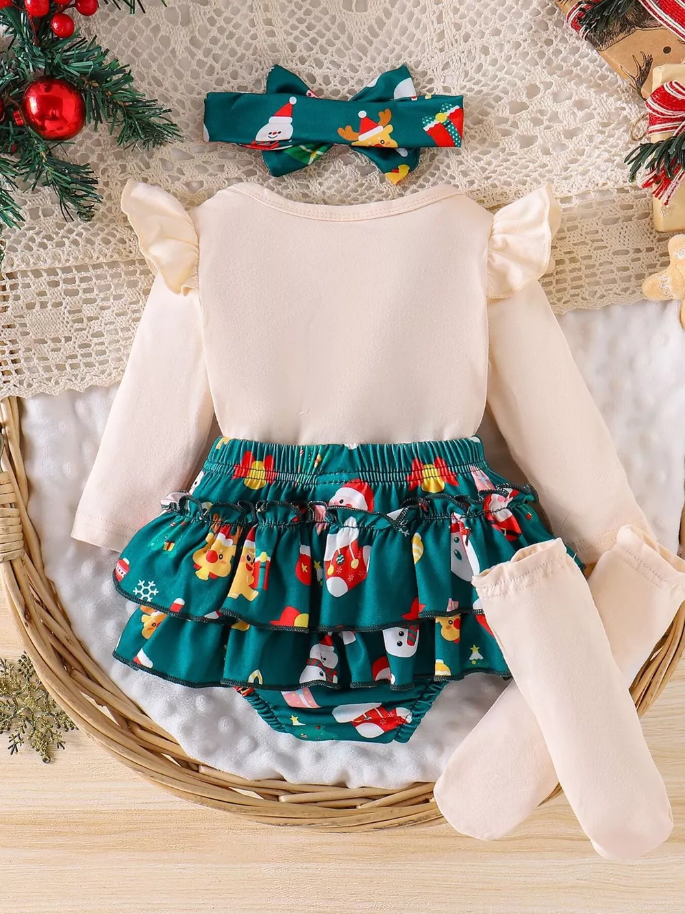 Children's Christmas Ruffled Long Sleeve Top and Skirt Set with Headband, image 2