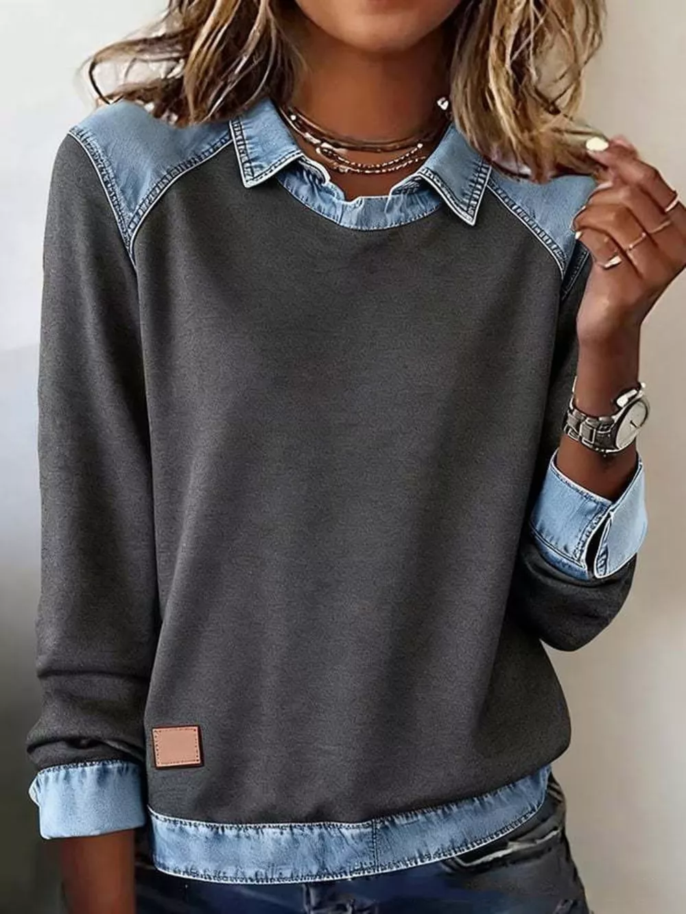 Full Size Denim Trim Long Sleeve Top Plus Size, image 12