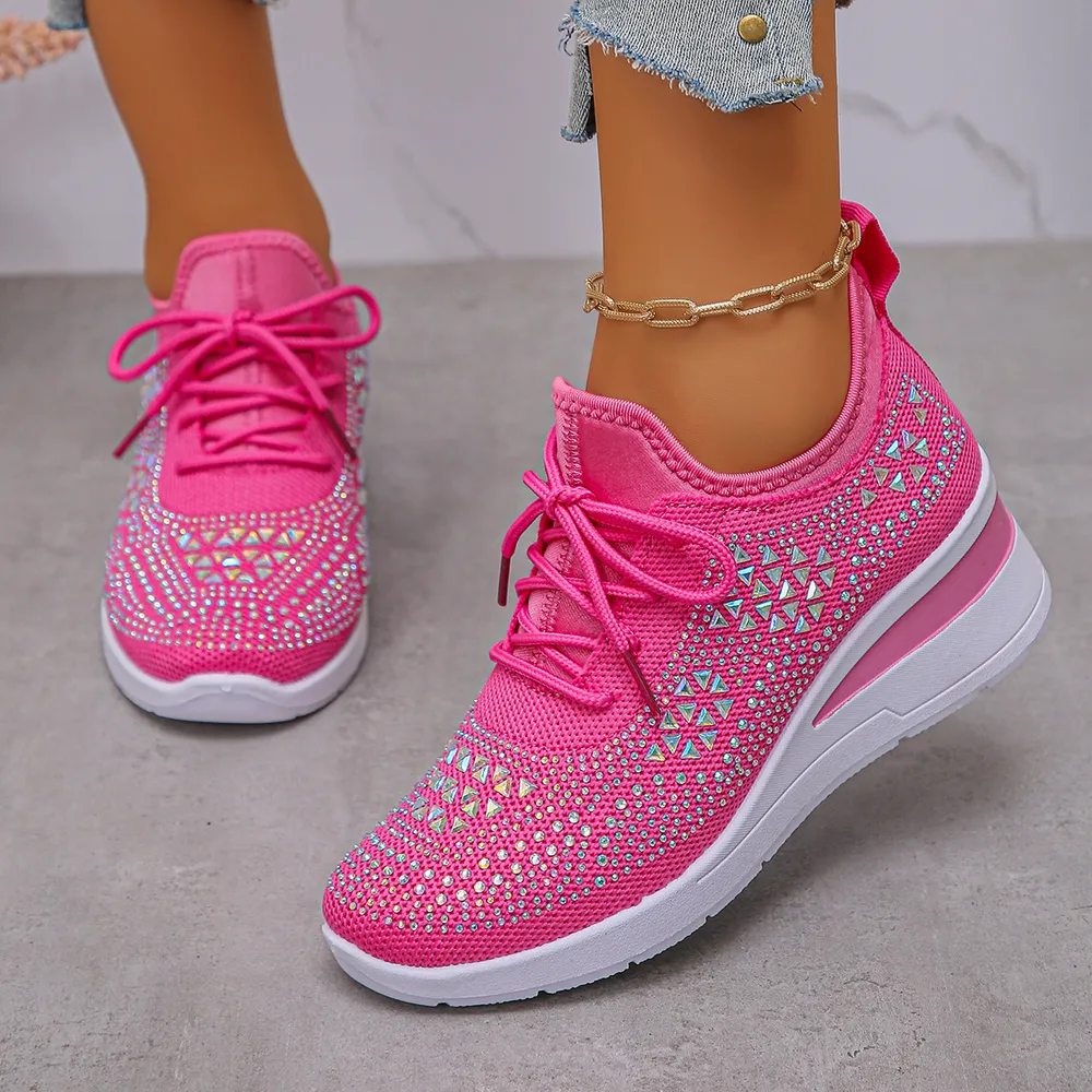 Breathable Mesh Rhinestone Wedge Athletic Sneakers, image 6