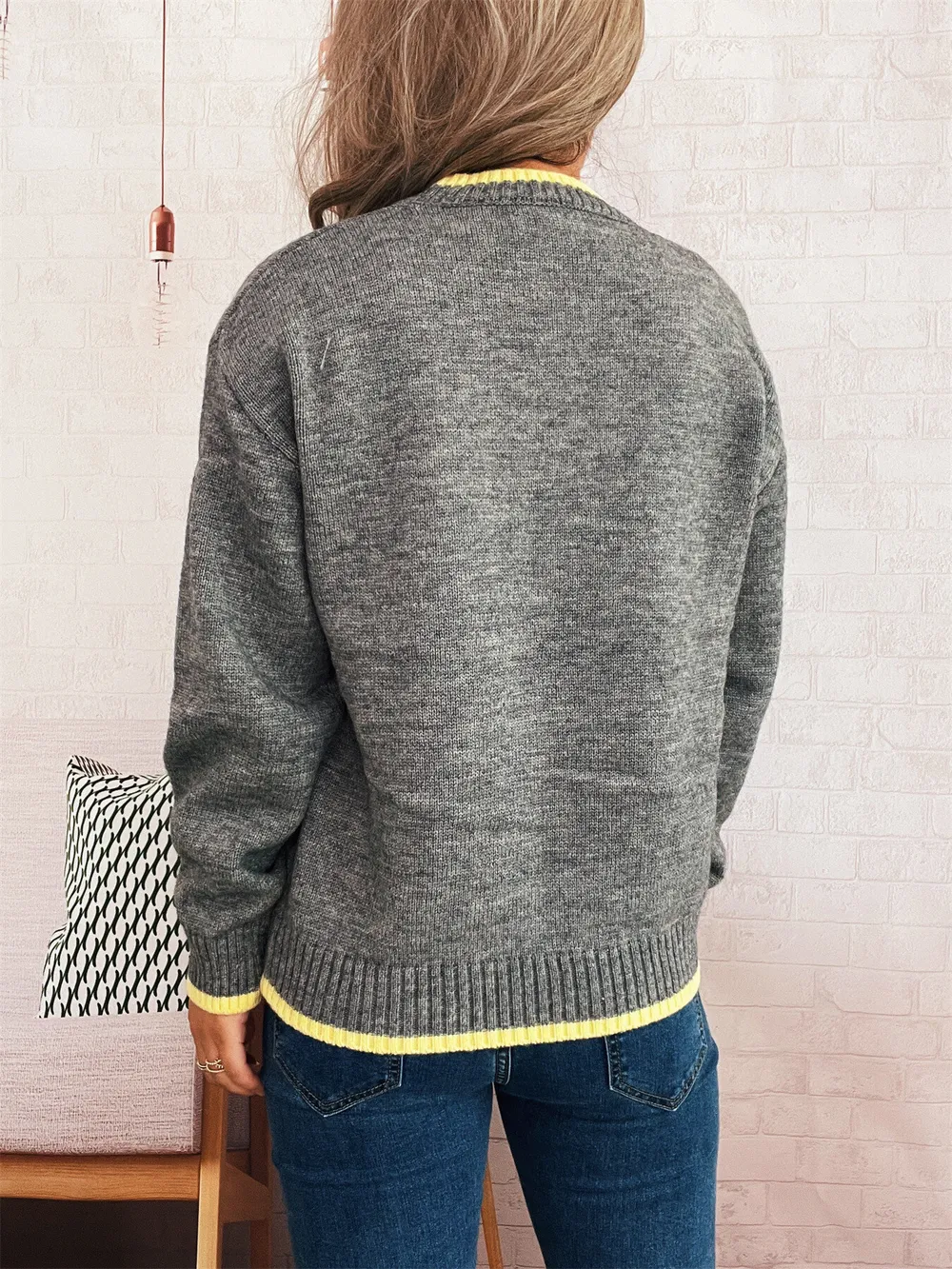 Ribbed Contrast Trim Long Sleeve Sweater