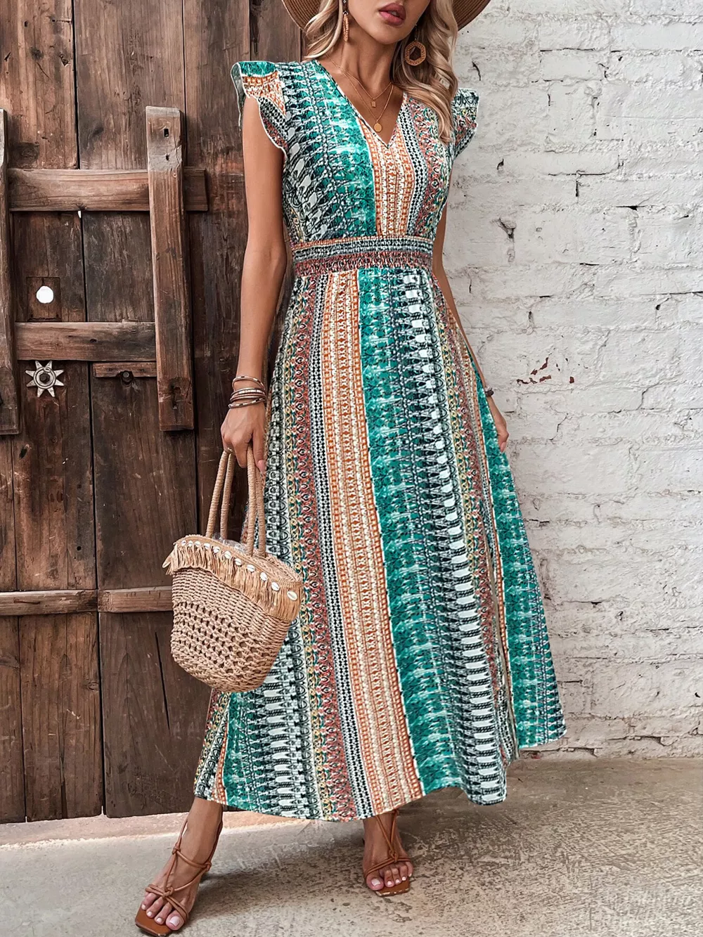 Boho Print Ruffle Sleeve Slit Dress, image 12