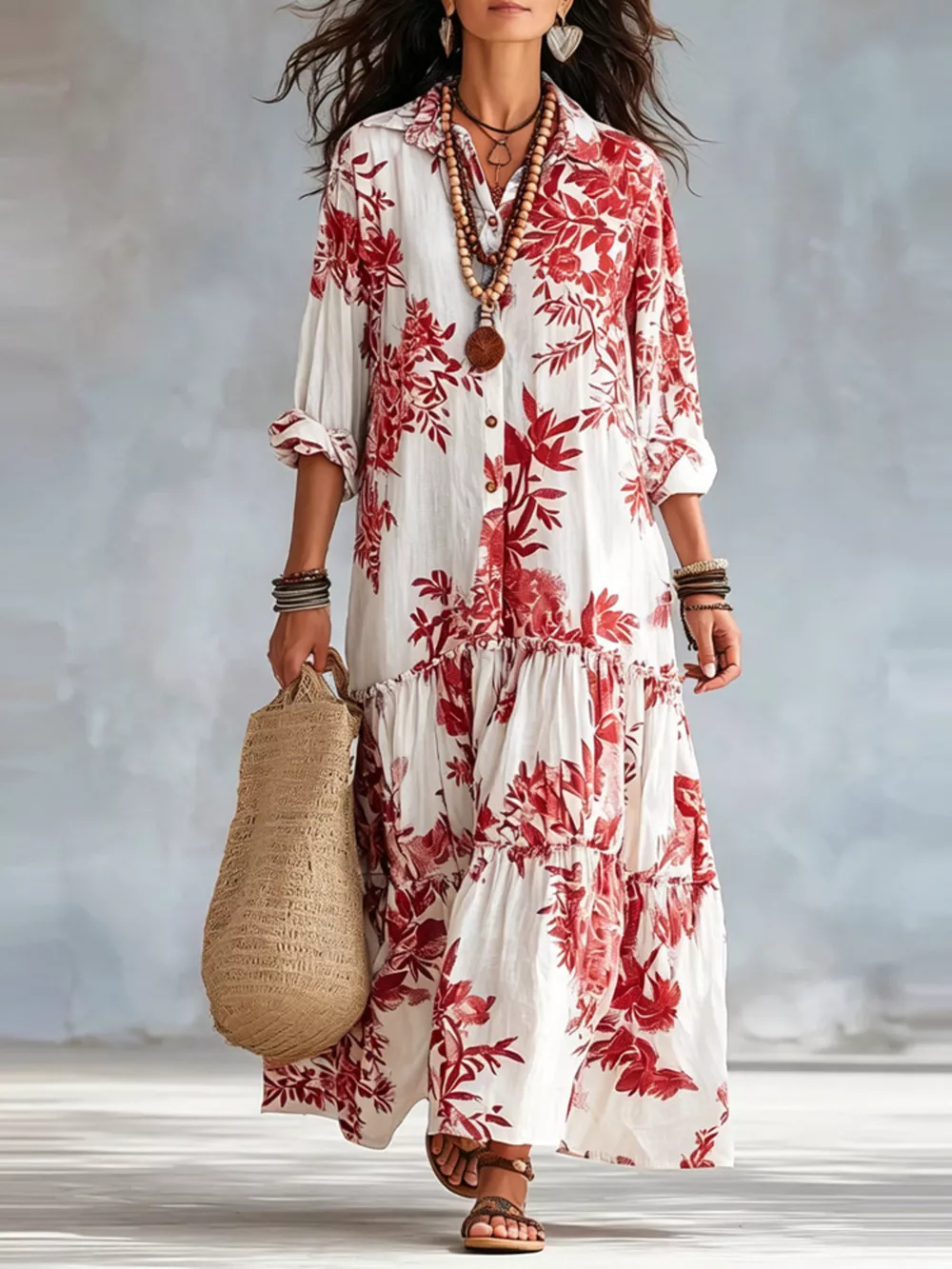 Printed Button Front Maxi Dress, image 8