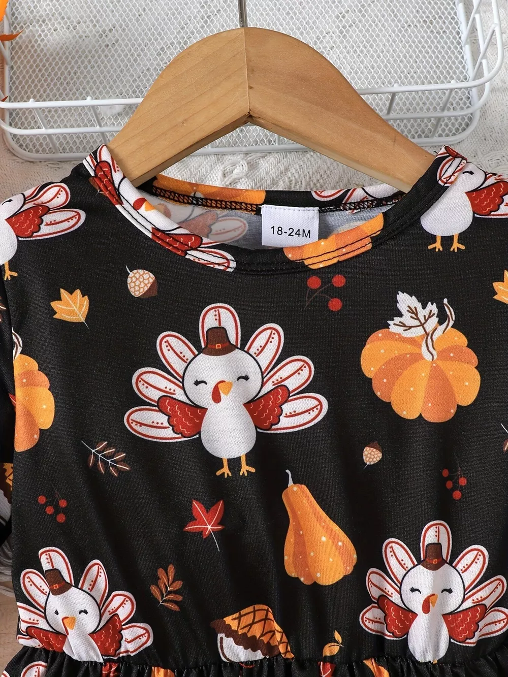 Children's Thanksgiving Turkey Print Ruffle Hem Long Sleeve Dress, image 3
