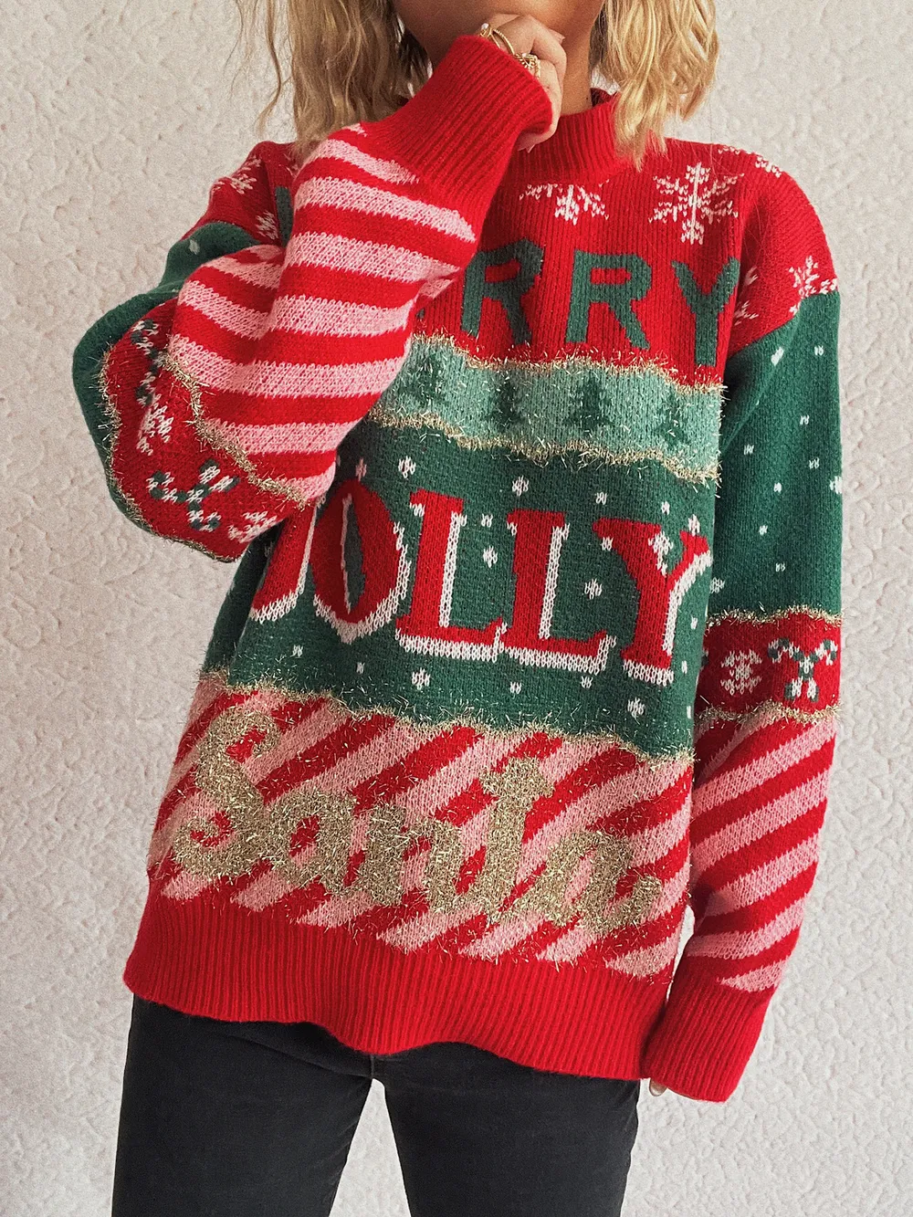 Christmas Letter Round Neck Long Sleeve Sweater, image 7