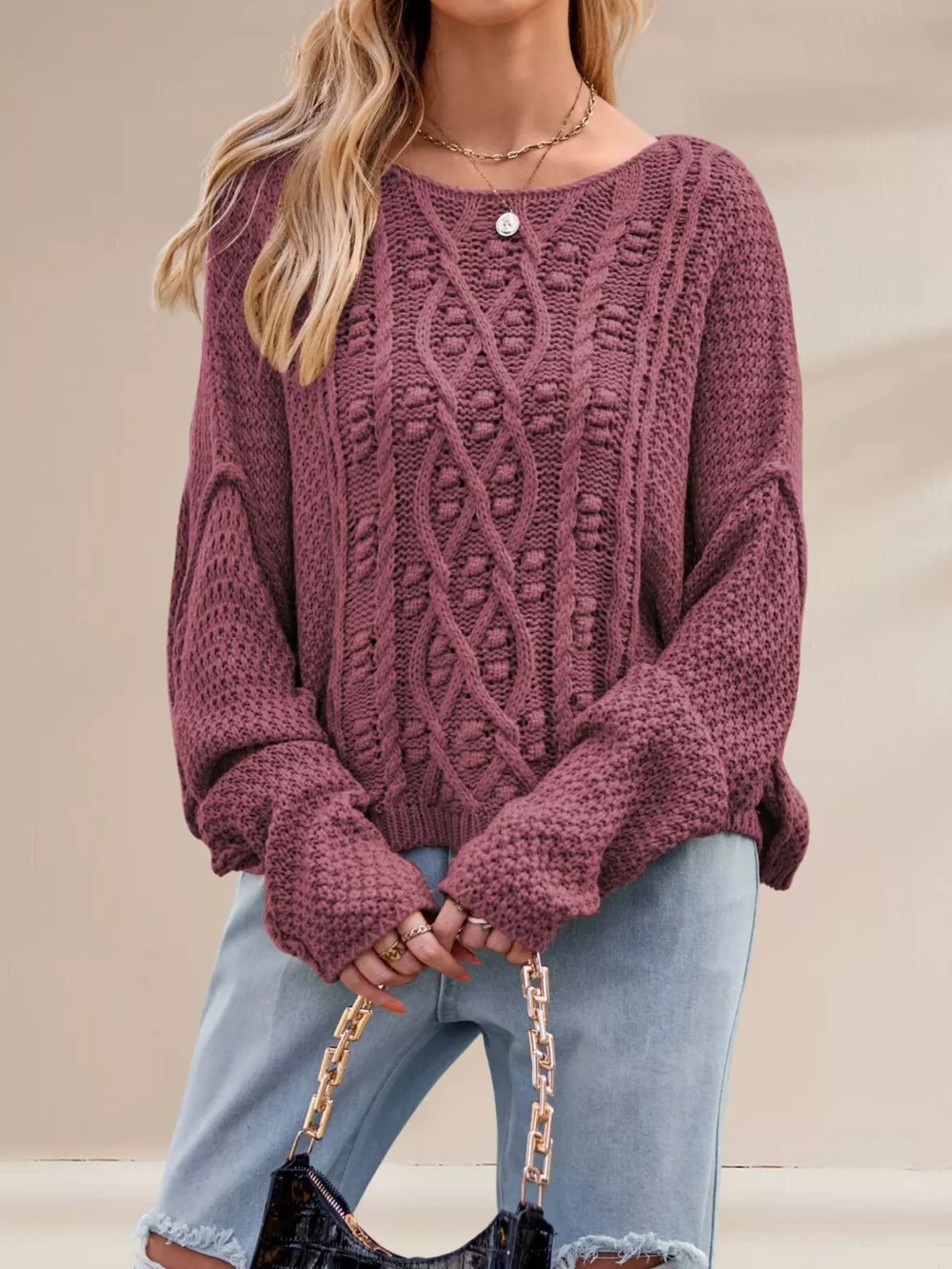 Cable Knit Dropped Shoulder Sweater, image 6