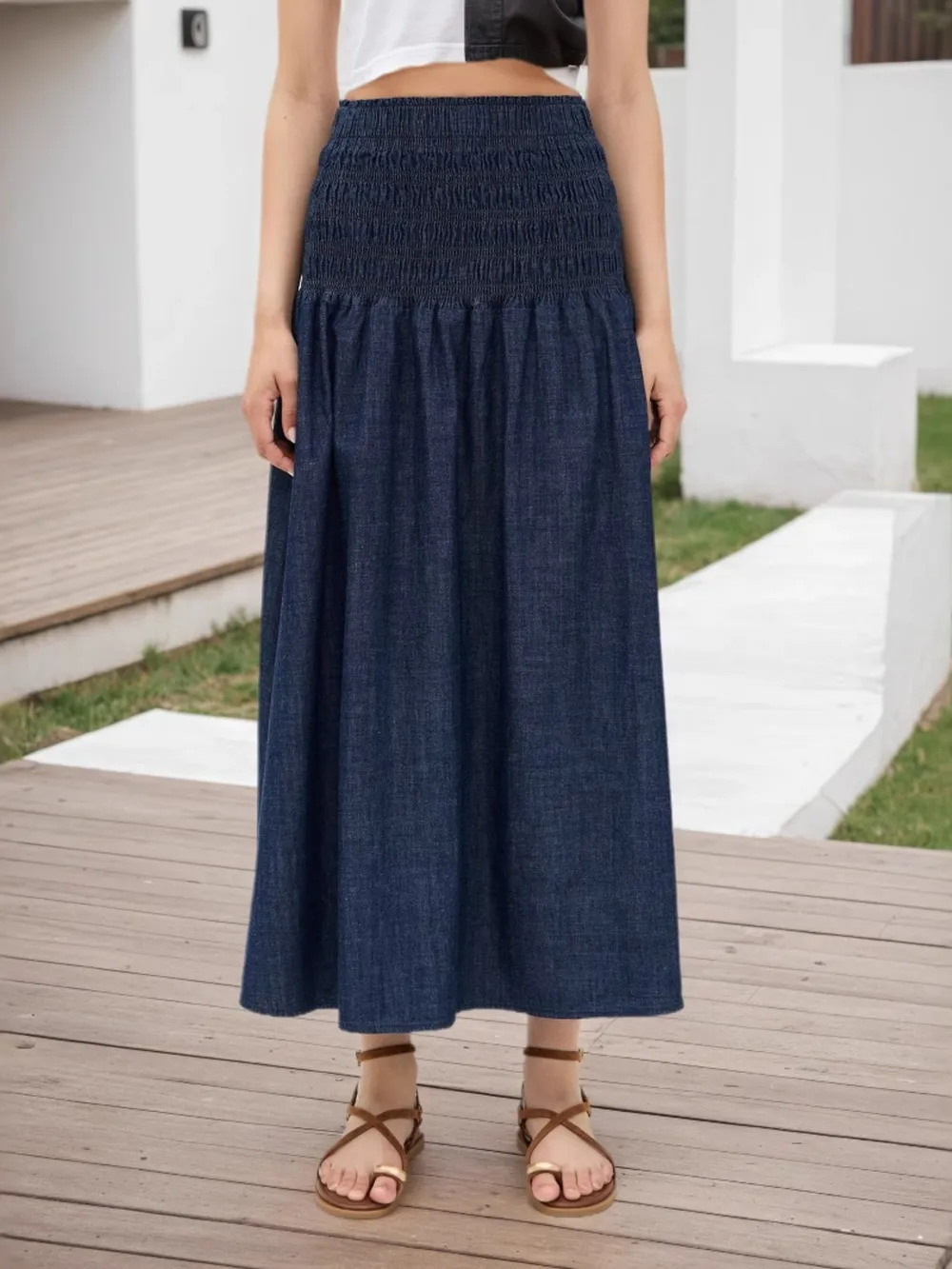 Elastic Waist Midi Skirt