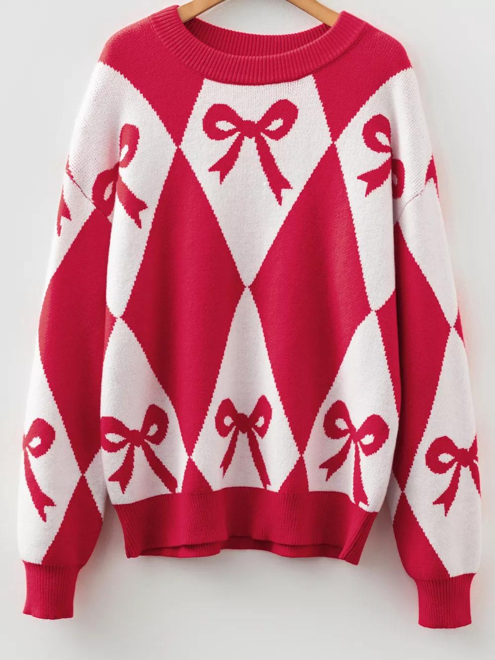 Bow Print 2-Tone Rhombus Knit Loose Sweater, image 10