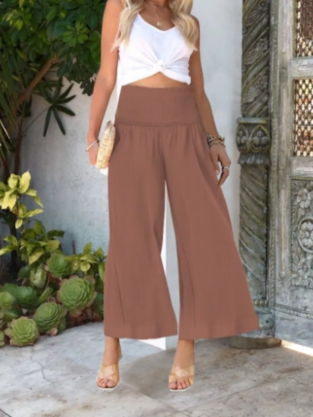 Wide-Leg Smocked Waist Pants, image 24