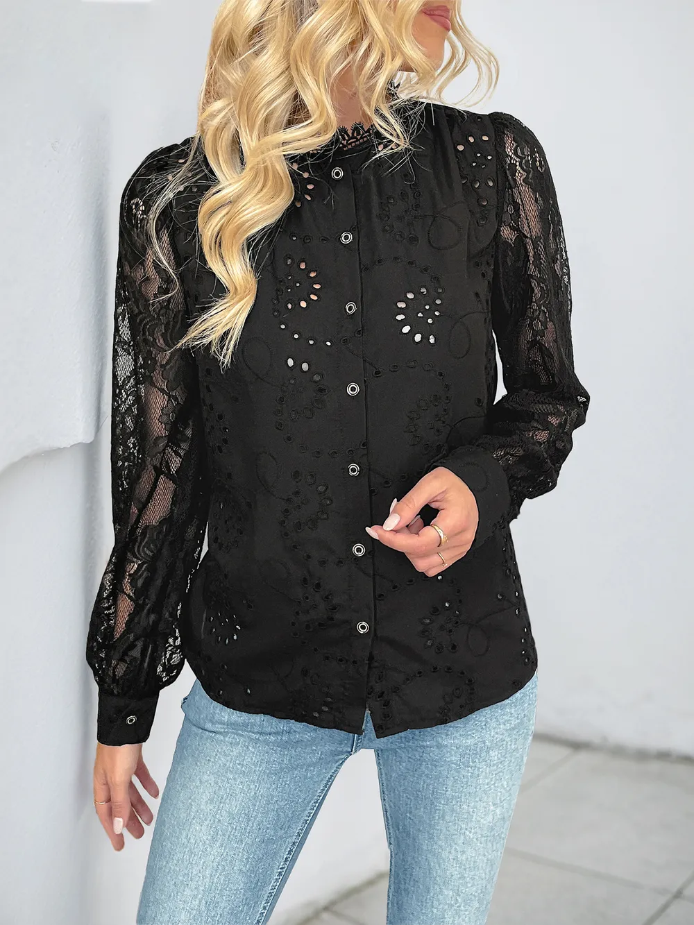 Lace Button Up Long Sleeve Shirt, image 4