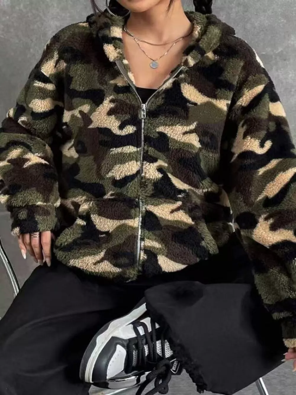 Camo Print Fuzzy Zip Up Outerwear, image 5