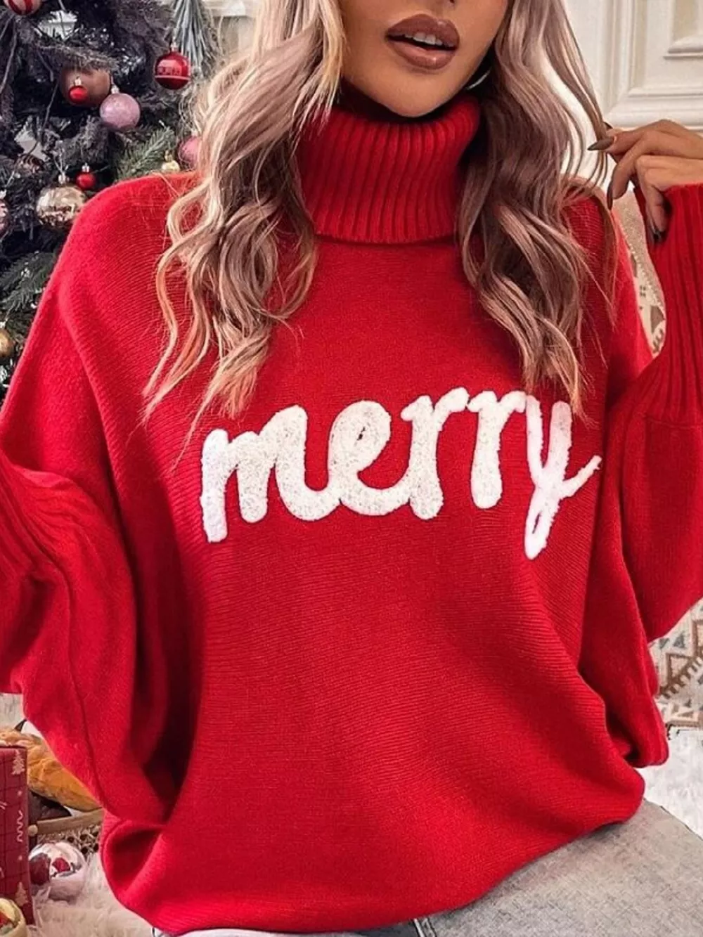 Merry Turtleneck Long Sleeve Christmas Sweater, image 8