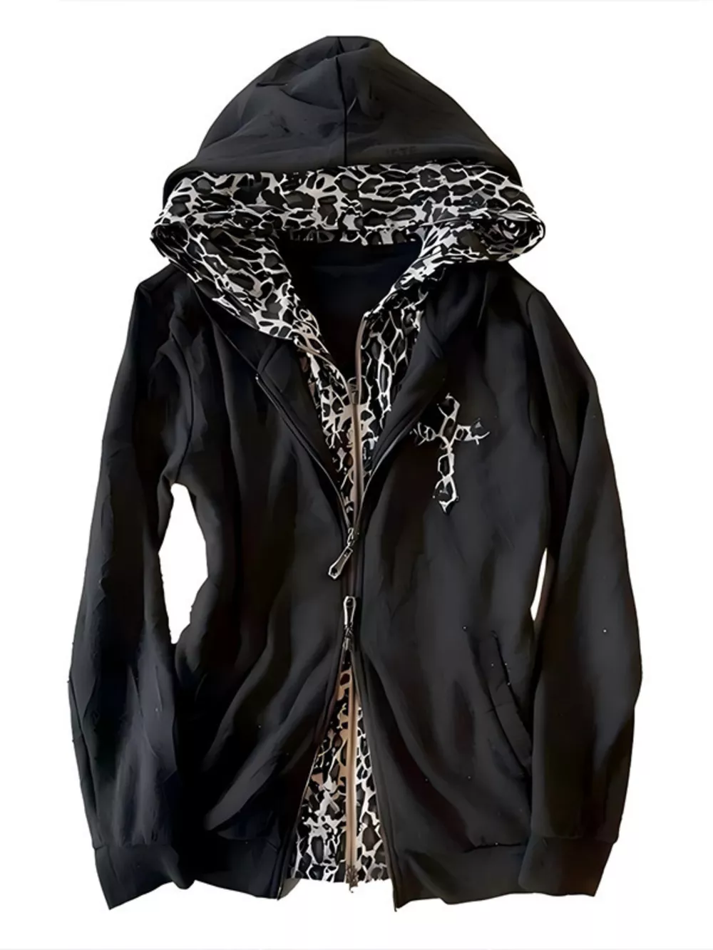 Gothic Cross Leopard Lined Zip-Up Hoodie, image 2