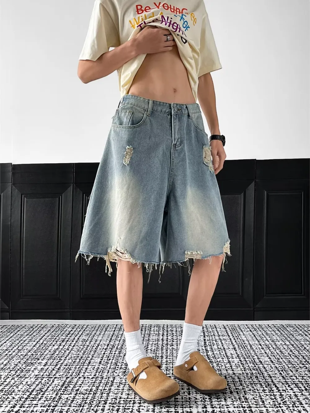 Men's Full Size Distressed Wide Leg Denim Shorts Plus Size, image 2