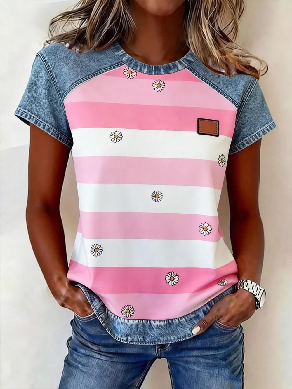 Denim Patchwork Short Sleeve Blouse, image 7