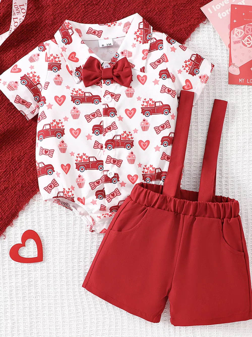 Children's Bowknot Decor Bodysuit and Suspender Shorts Set, image 2