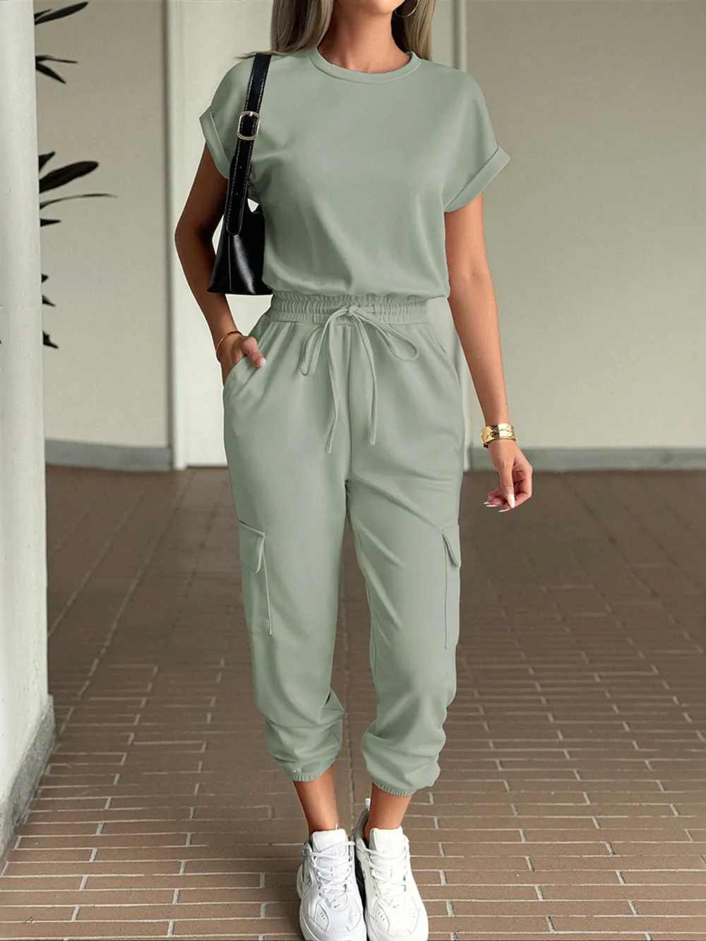 Round Neck Short Sleeve Top and Pants Set, image 13
