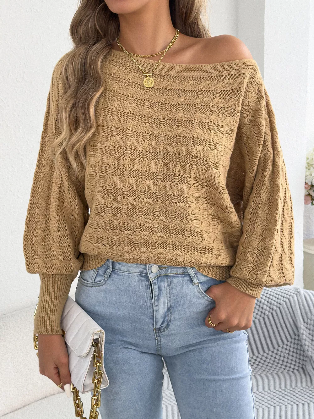 Cable Knit Boat Neck Sweater, image 7