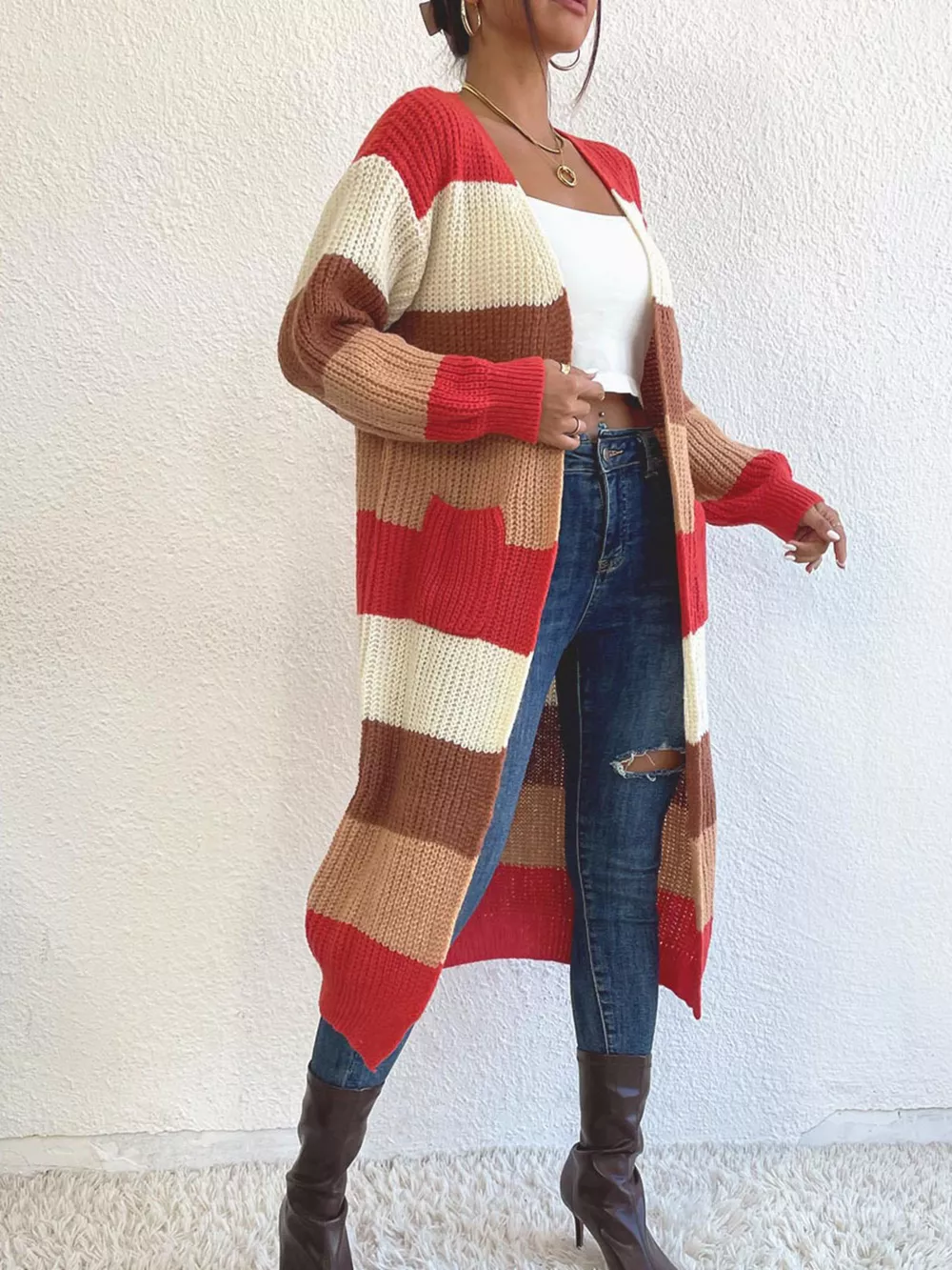 Striped Color Block Open Front Knit Cardigan, image 2