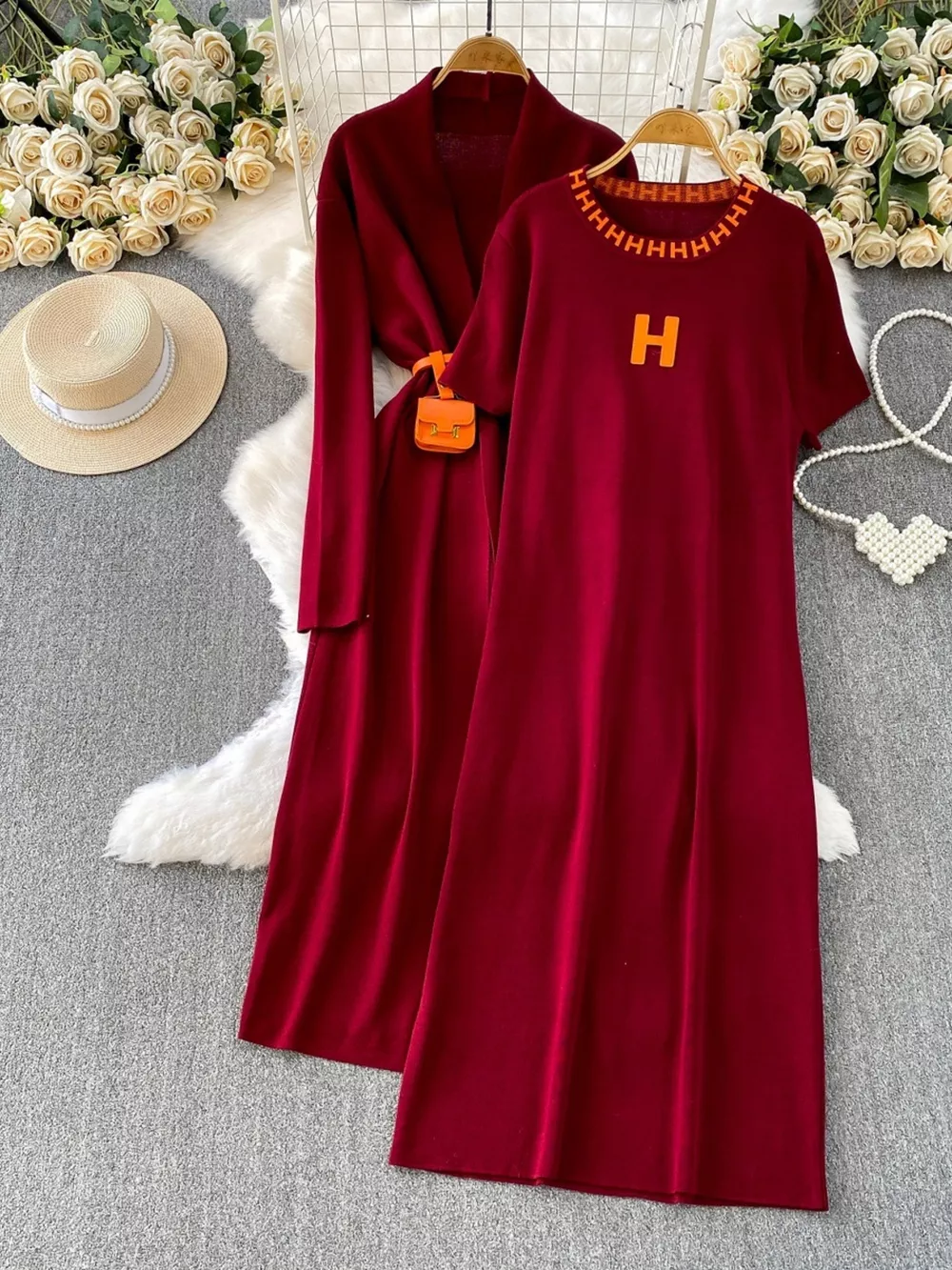 Round Neck Knitted Dress & Cardigan Set, image 6