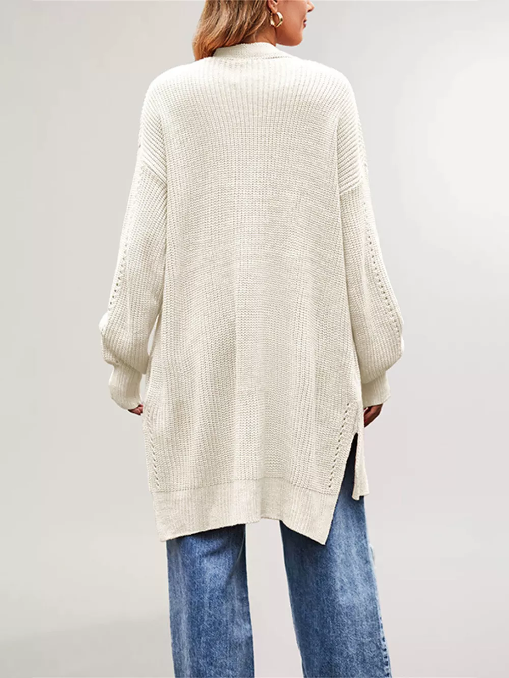 Open Front Openwork Knit Longline Cardigan, image 3