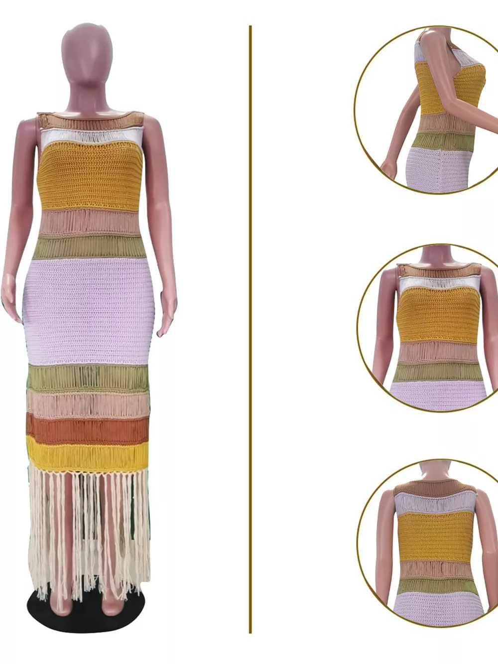 Fringe Crochet Knit Color Block Maxi Dress, image 6