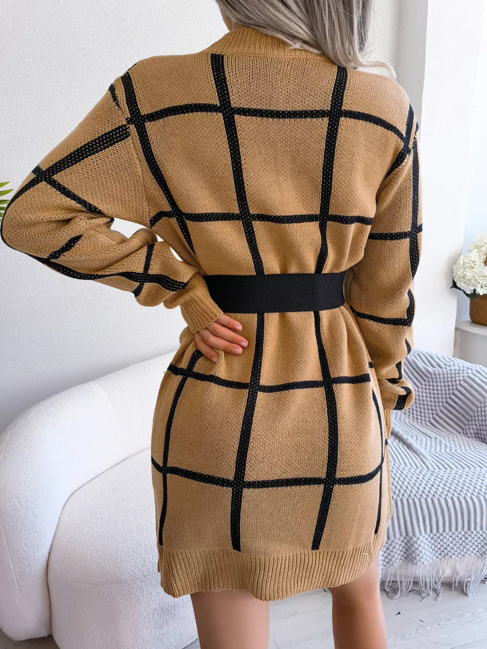 Plaid Pattern Long Sleeve Sweater Dress, image 2