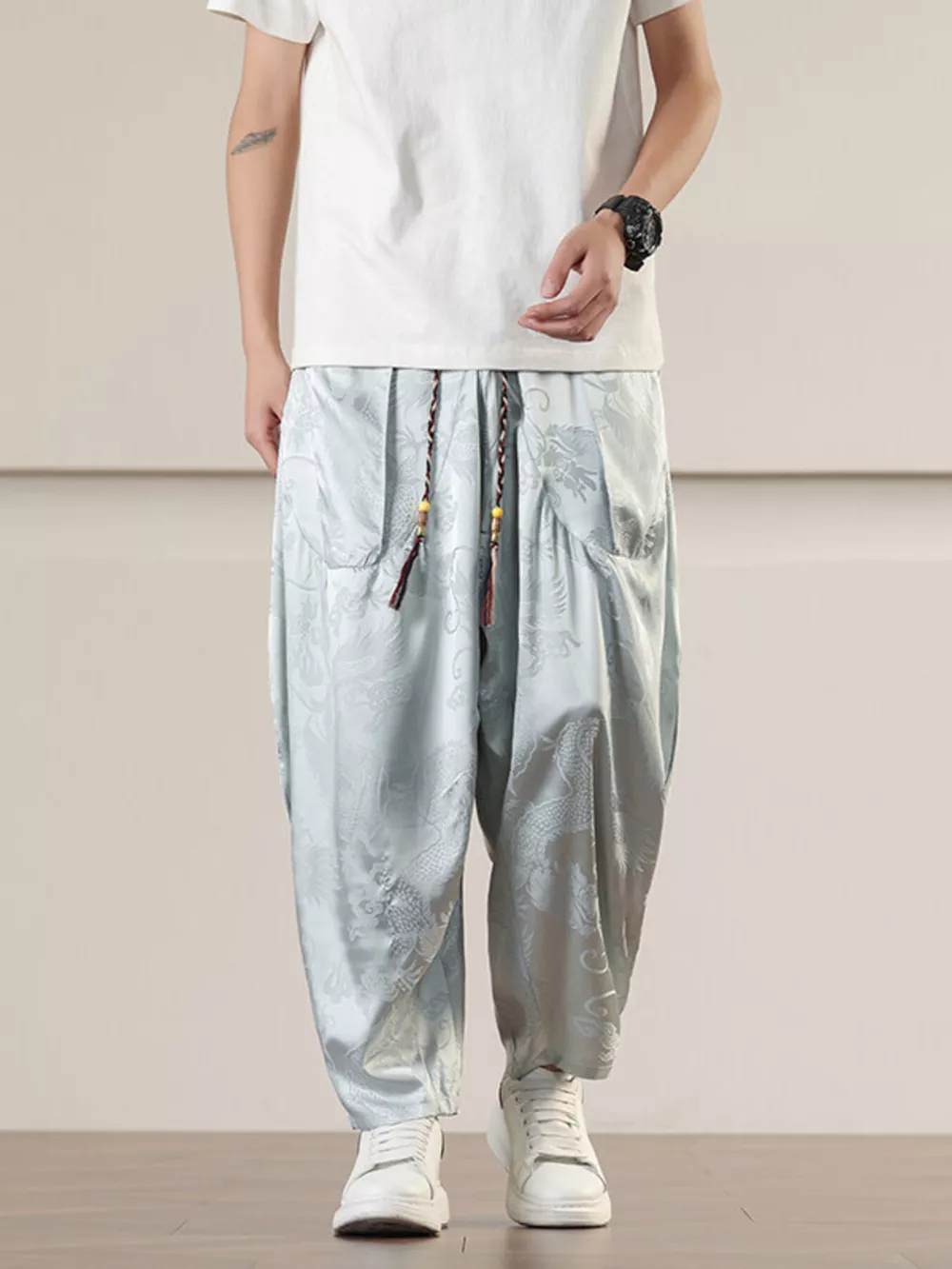 Men's Plus Size Dragon Pattern Harem Pants, image 3