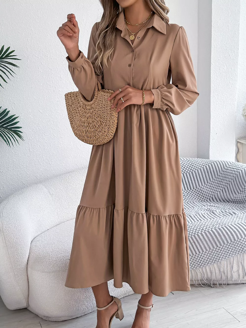 Long Sleeve Tiered Button Front Midi Dress, image 21