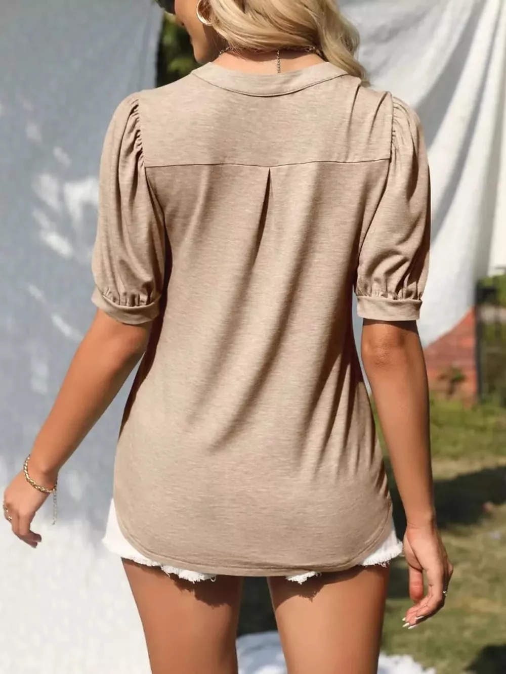Puff Sleeve Notched Casual T-Shirt, image 3