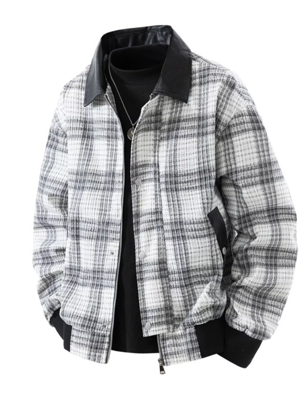 Men's Plus Size Plaid Pattern Snap Down Casual Jacket, image 2