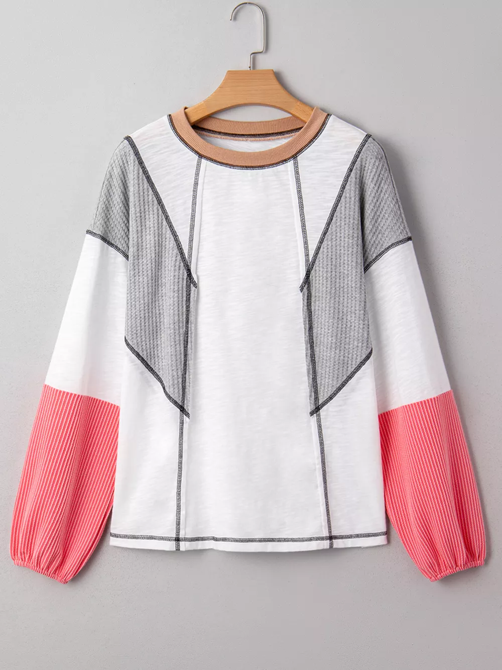 Color Block Textured Knit Patchwork Casual Top, image 5