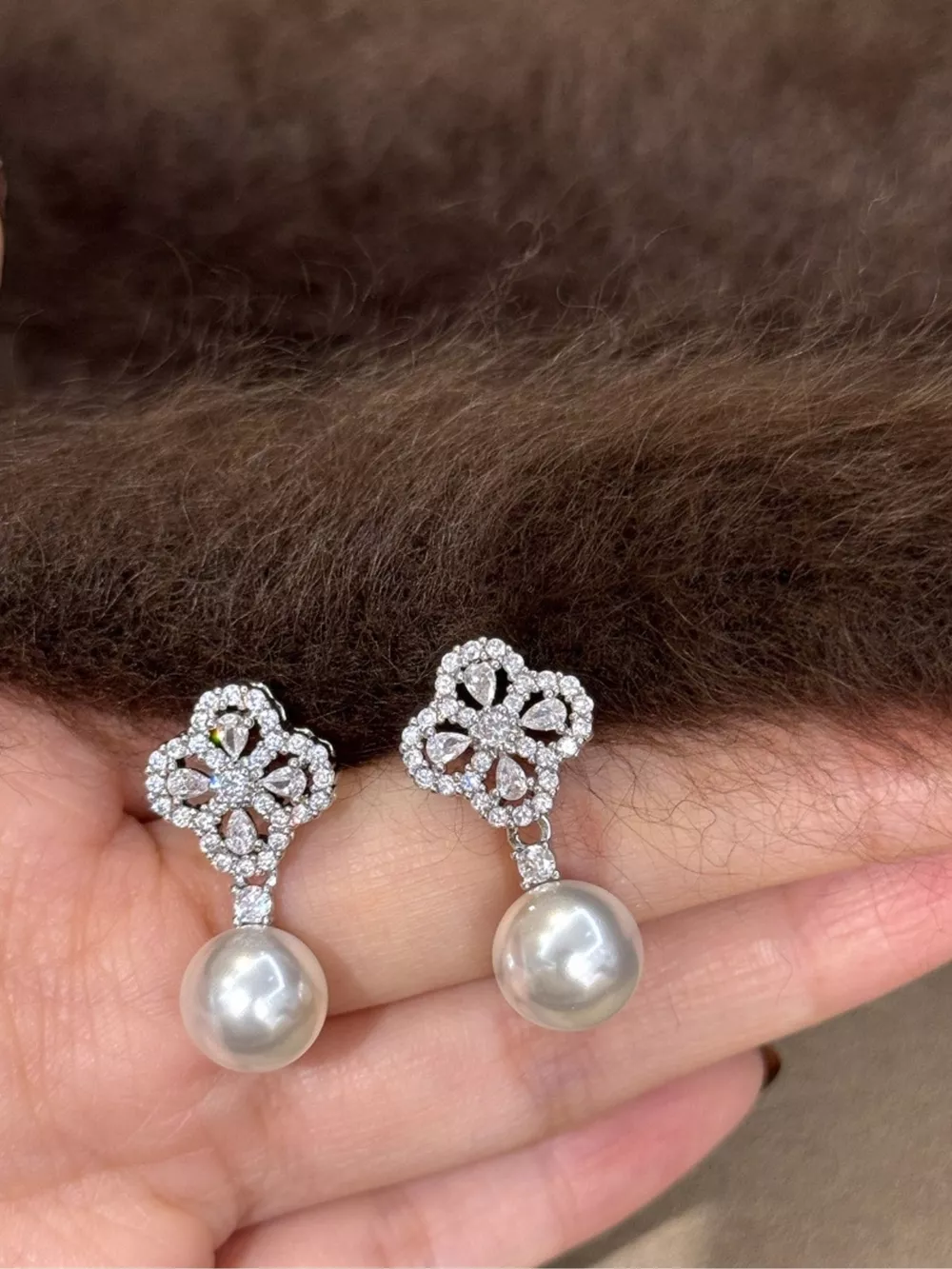 Zircon Four Leaf Clover Pearl Drop Earrings, image 4