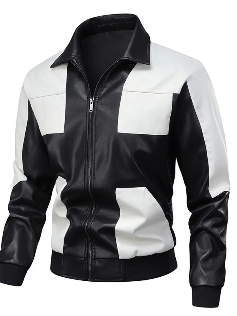 Men's Two-Tone Leather Bomber Jacket with Zip Front
