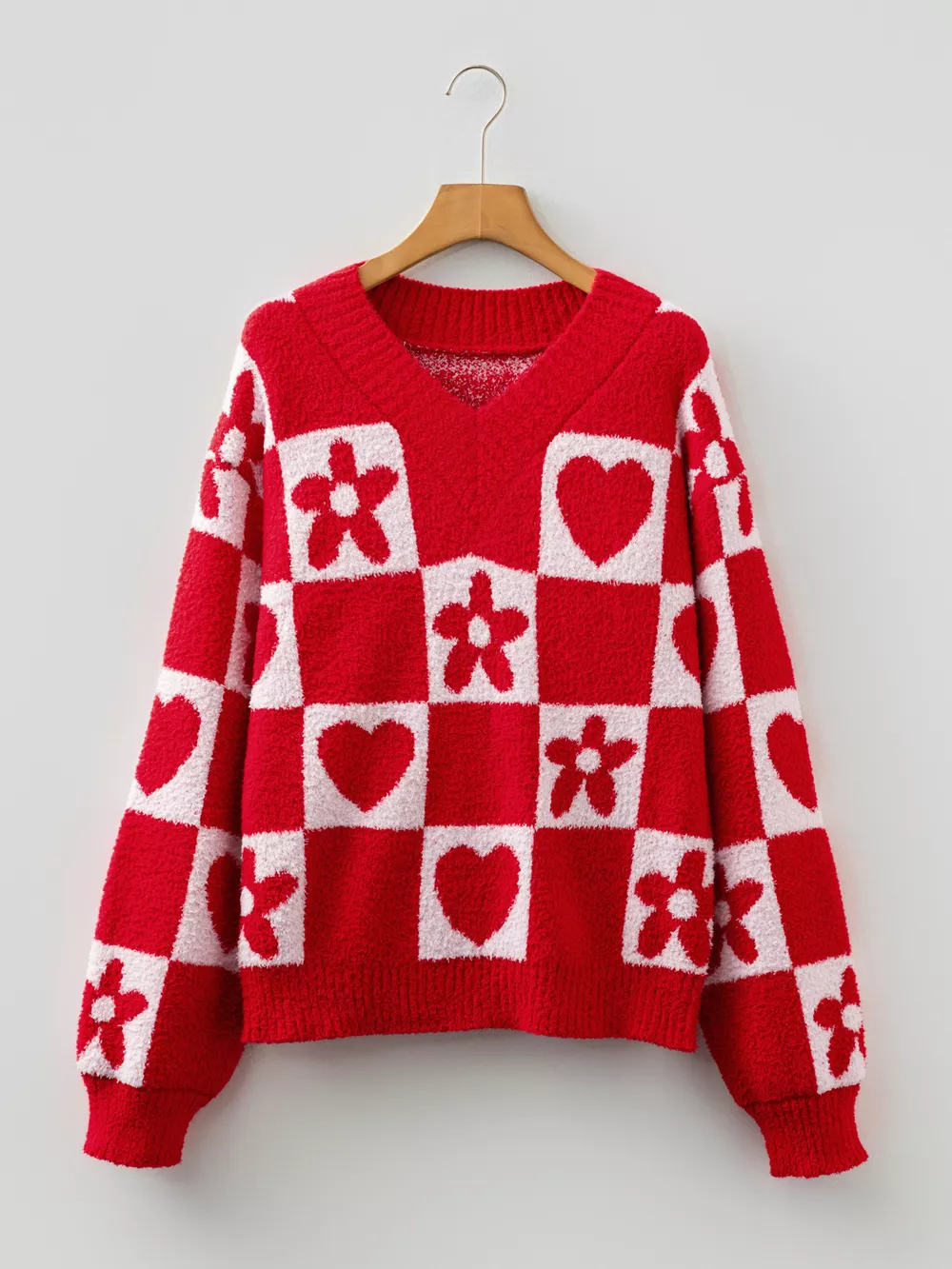 Floral Heart Checkered V-Neck Sweater, image 2