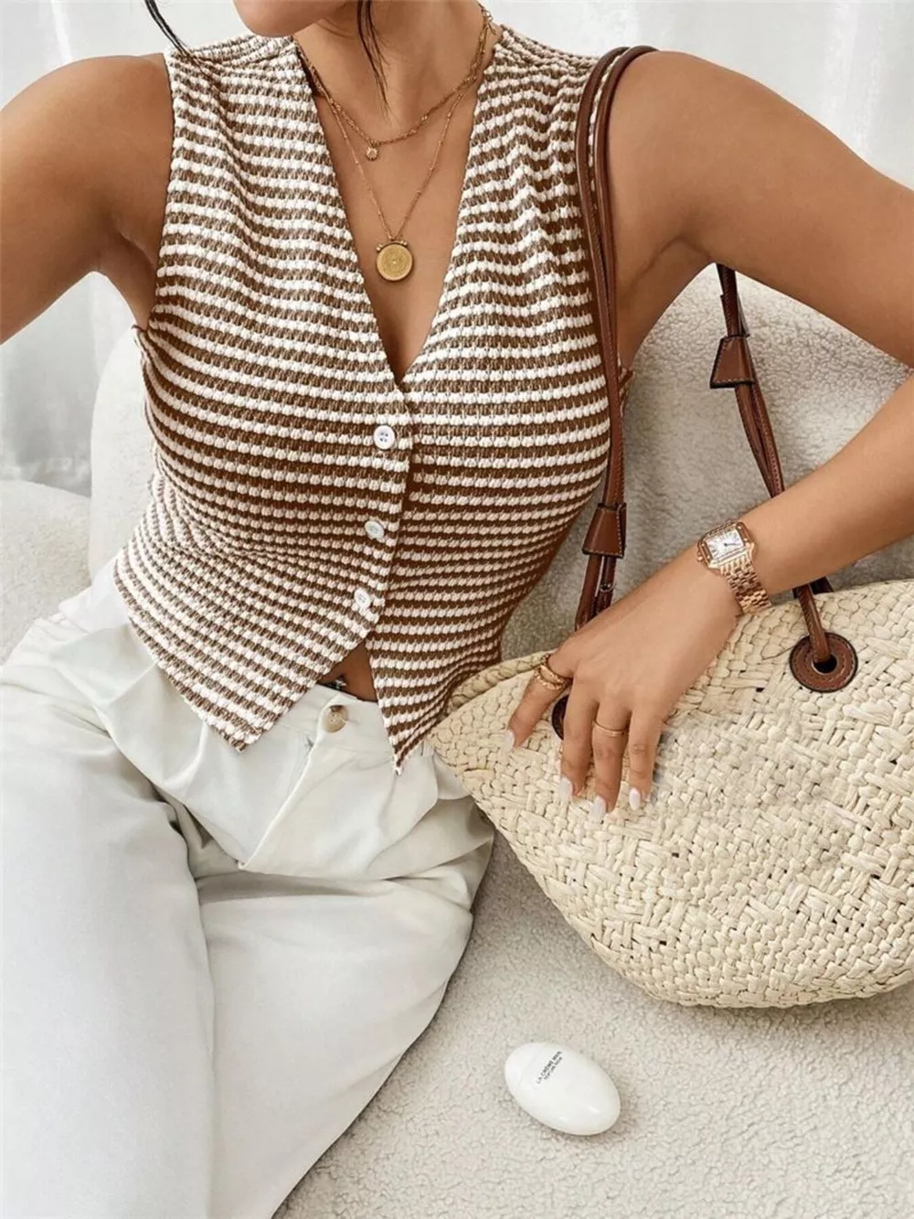 Striped Knit V-Neck Vest, image 8