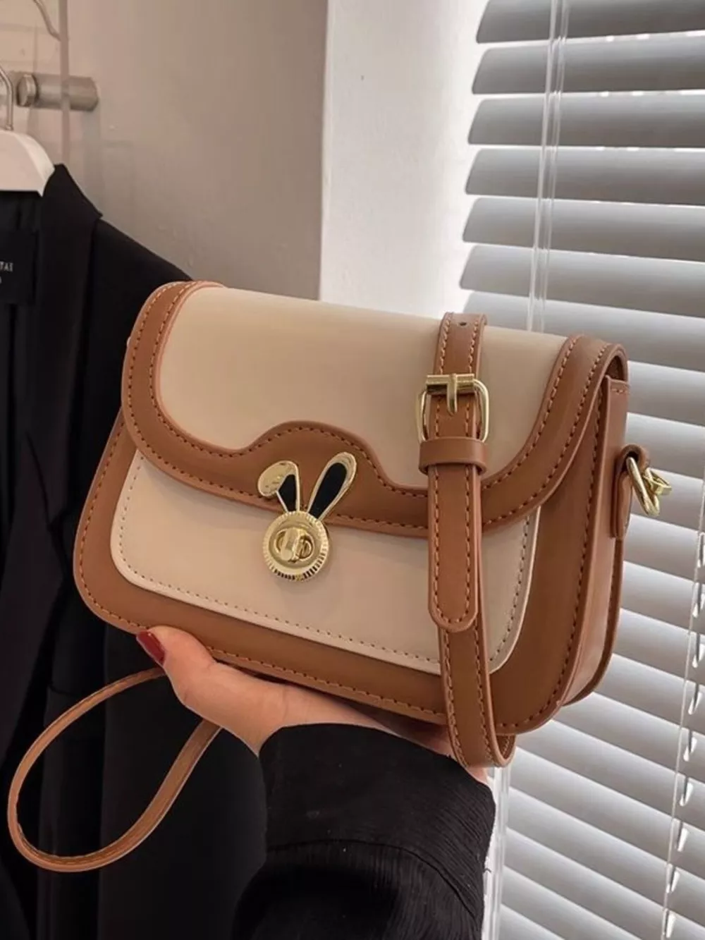 Rabbit Decor Color Block Flap Crossbody Bag, image 6