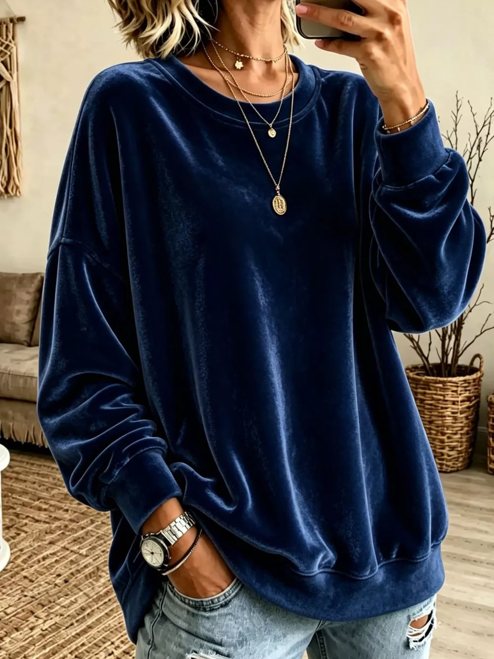Full Size Loose Fit Velvet Dropped Shoulder Sweatshirt Plus Size, image 12