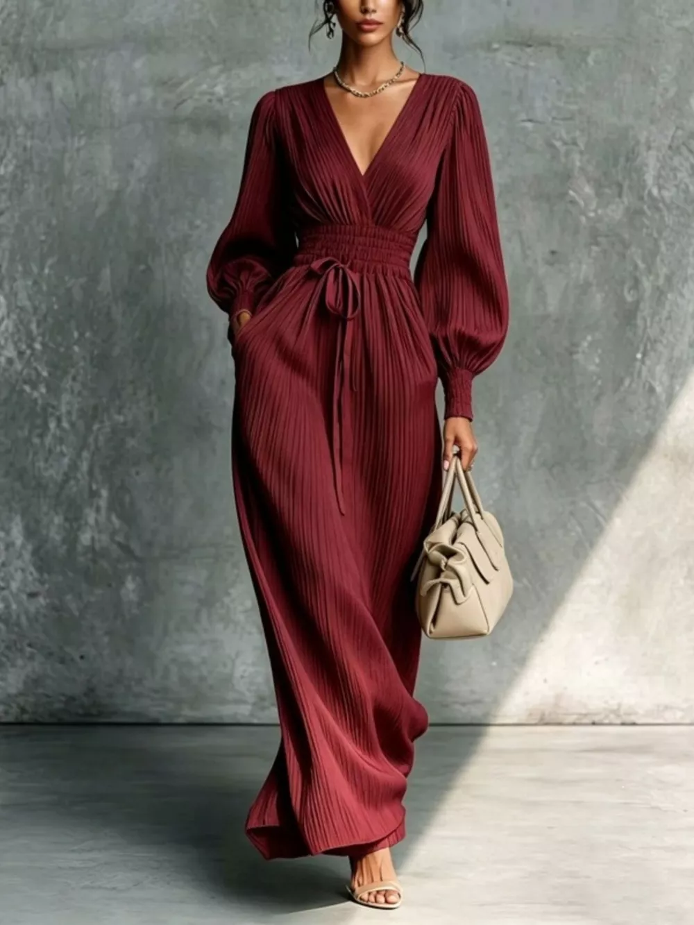Elegant Pleated V-Neck Maxi Dress with Lantern Sleeves and Tie-Waist, image 9