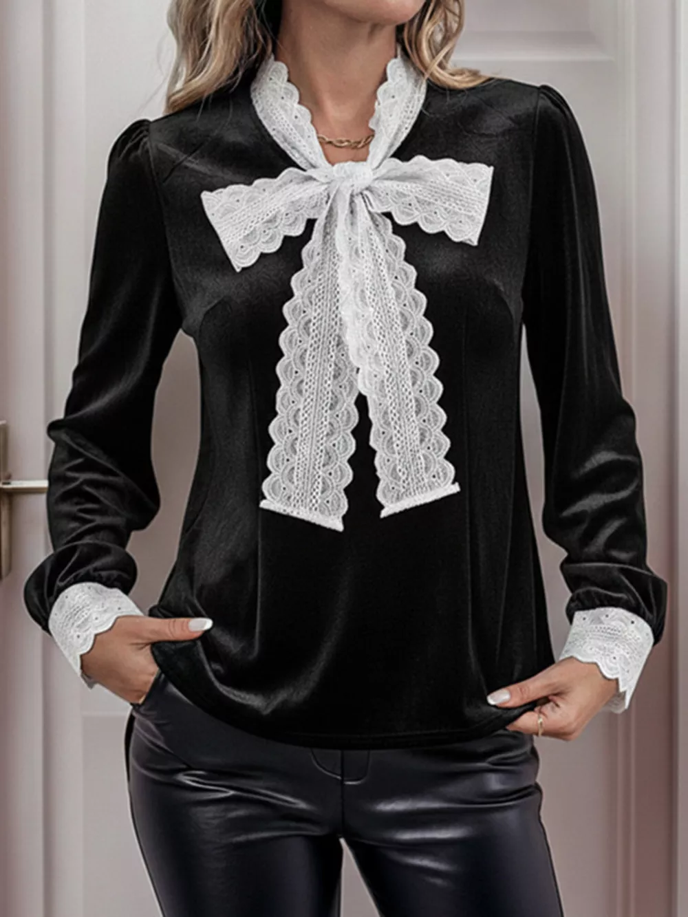 Lace Bow Tie Velvet Blouse, image 5