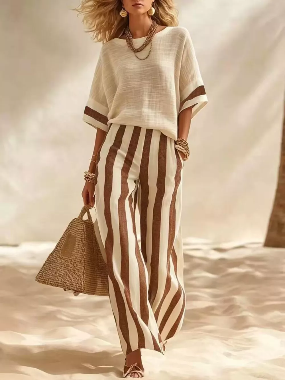 Full Size Striped Half Sleeve Top and Pants Set Plus Size, image 7