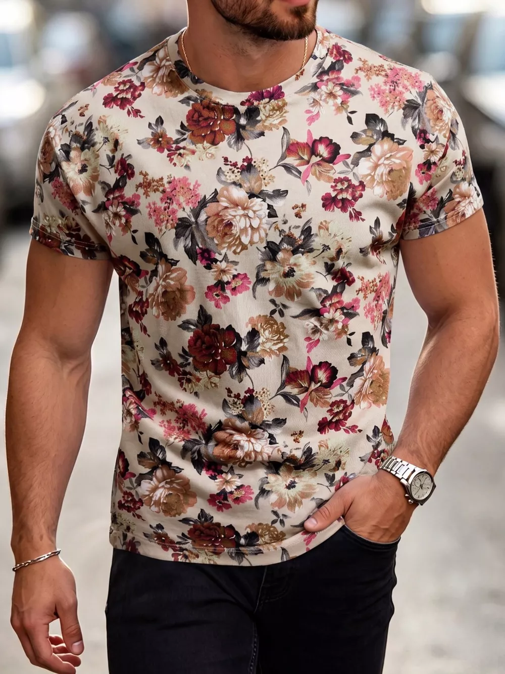 Men's Plus Size Floral Print Slim Fit T-Shirt