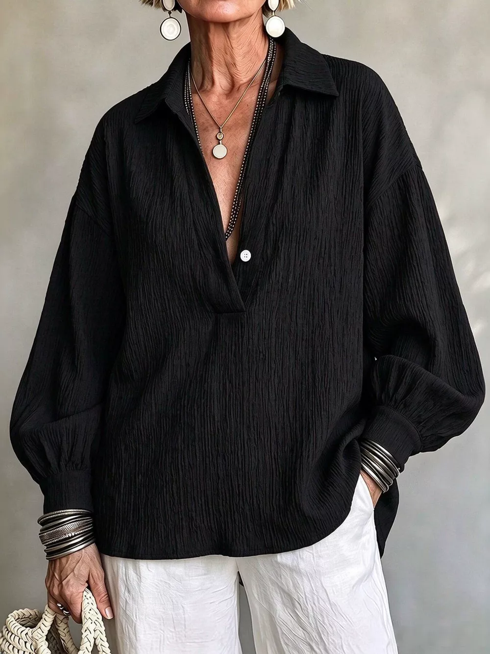Full Size Textured Lantern Sleeves Blouse Plus Size, image 7